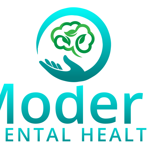 A logo of modern mental health with a hand holding something