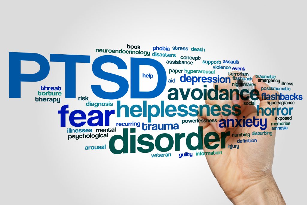 A hand writing on a word cloud with the words ptsd and related keywords.